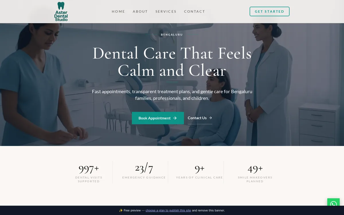 An AI-generated dental clinic website — premium design, on-brand copy and photos, built in about a minute