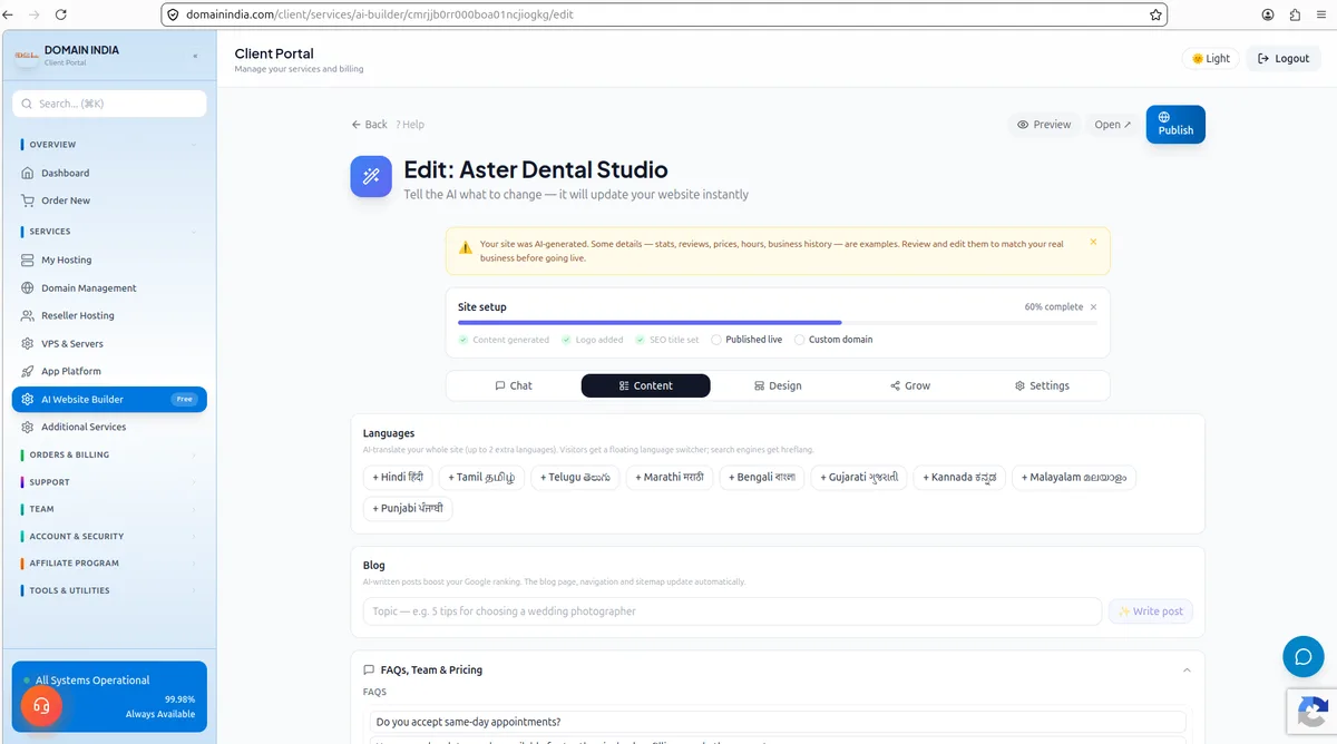 The AI Website Builder editor showing the five tabs — Chat, Content, Design, Grow, Settings