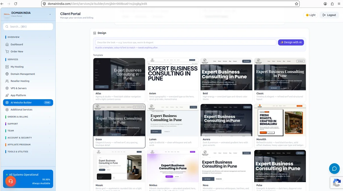 The Design tab template picker showing 15 template thumbnails