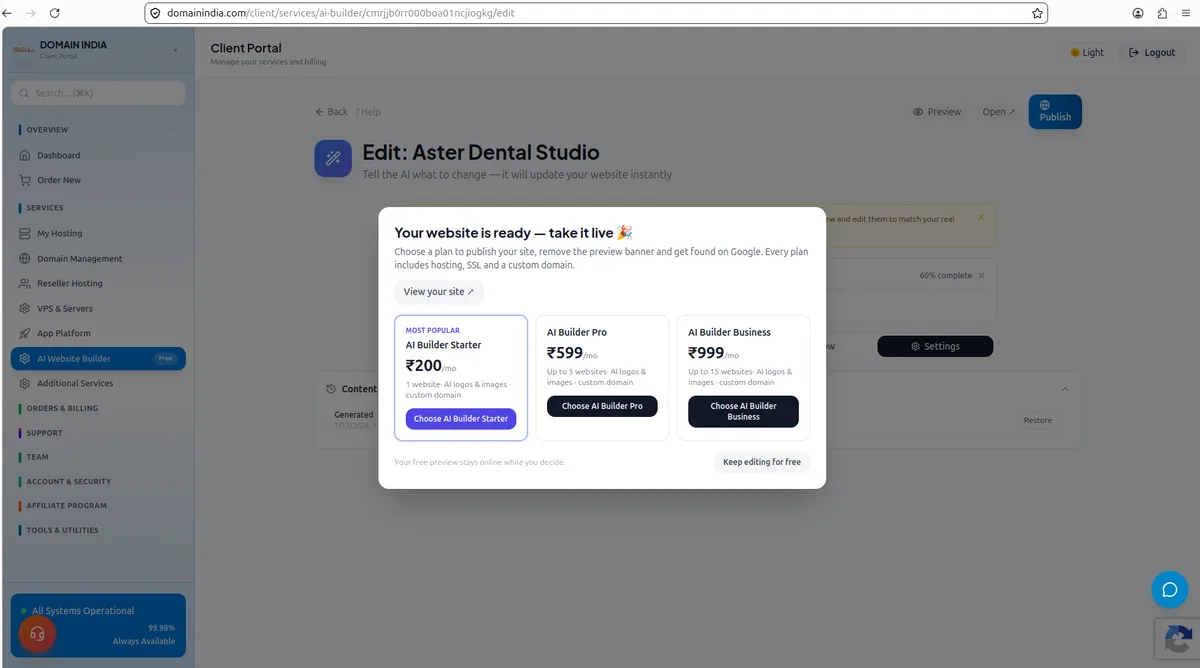 The Publish dialog with the Starter, Pro and Business plans