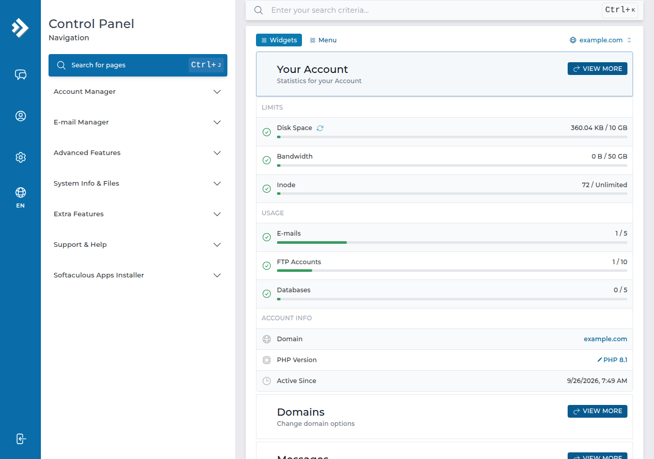 DirectAdmin dashboard: the navigation menu with Account Manager, E-mail Manager, Advanced Features, System Info and Files, Extra Features, and a Your Account panel showing disk space, bandwidth, inodes, email, FTP and database usage and the PHP version