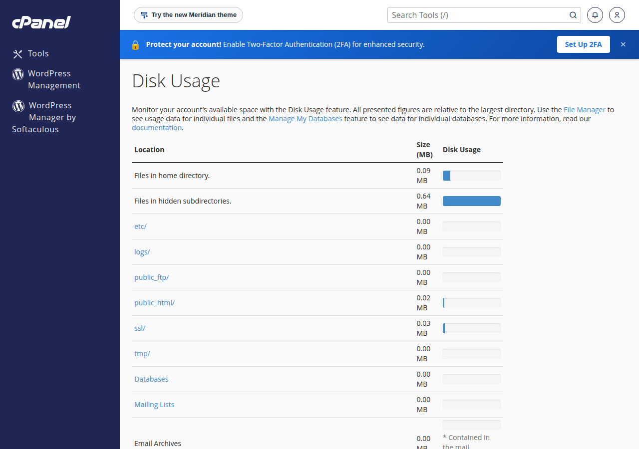 cPanel Disk Usage page listing folders such as public_html, logs and ssl with their size in MB and usage bars