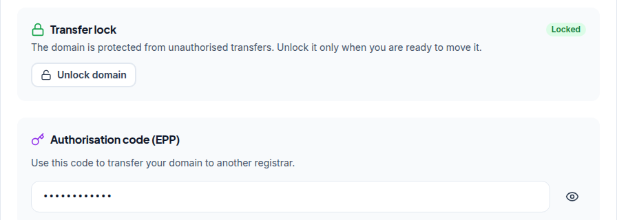 Transfer tab: a Transfer lock card with an Unlock domain button, and an Authorisation code (EPP) box with the code hidden and a show button