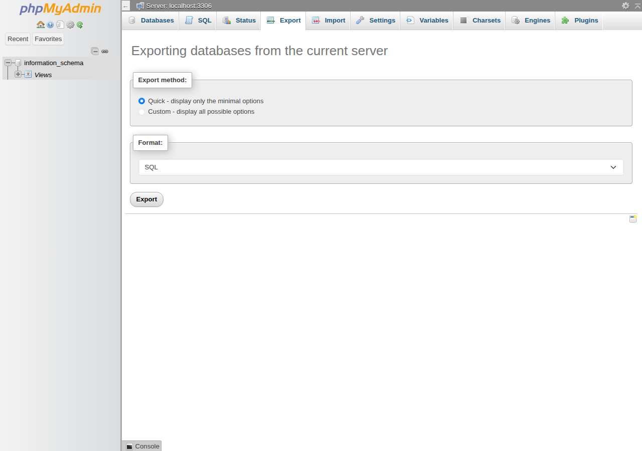 phpMyAdmin Export tab with Export method Quick selected, Format SQL and an Export button