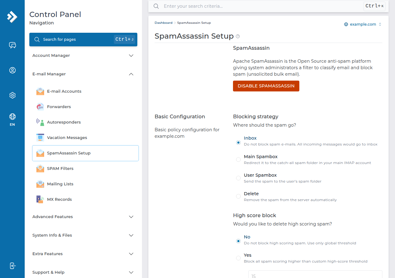 DirectAdmin SpamAssassin Setup page with a Disable SpamAssassin button and blocking strategy options Inbox, Main Spambox, User Spambox and Delete, Inbox selected