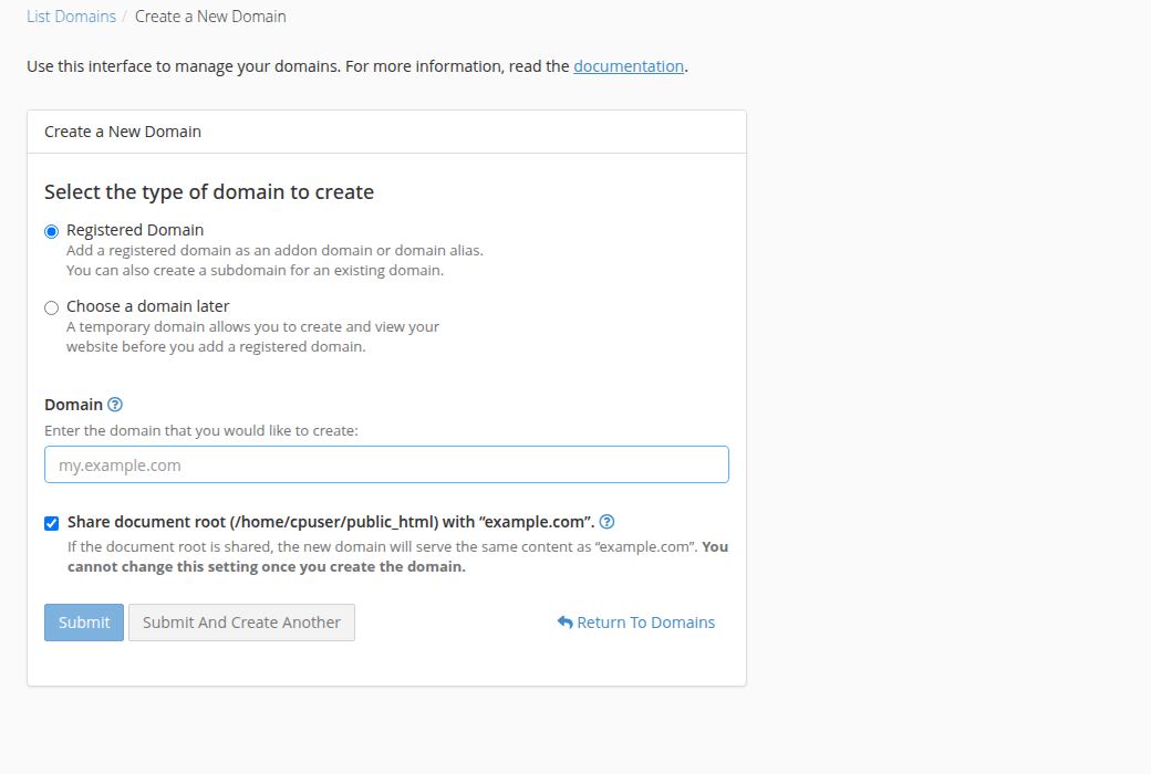 cPanel Create a New Domain form with Registered Domain selected, a Domain box, and the Share document root checkbox ticked, which cannot be changed after the domain is created