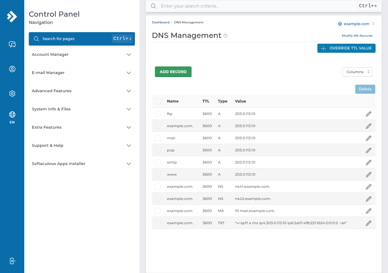 DirectAdmin DNS Management page for example.com listing A, NS, MX and TXT records, with Add Record and Override TTL Value buttons
