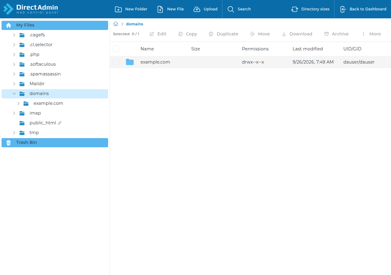 DirectAdmin File Manager with the domains folder open, a folder tree including public_html and Trash Bin, and New Folder, New File and Upload buttons