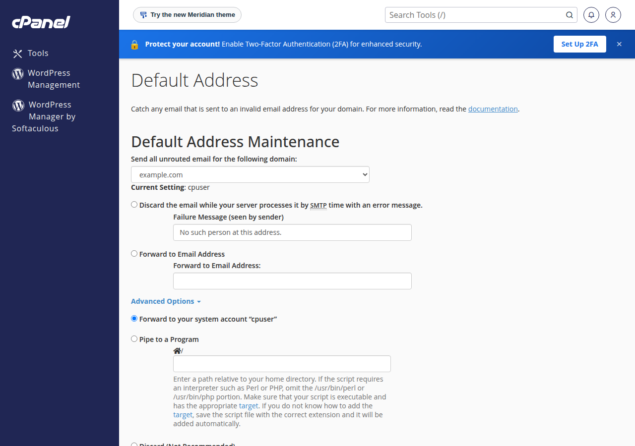 cPanel Default Address page for example.com, with options to discard with an error, forward to an address, or forward to the system account