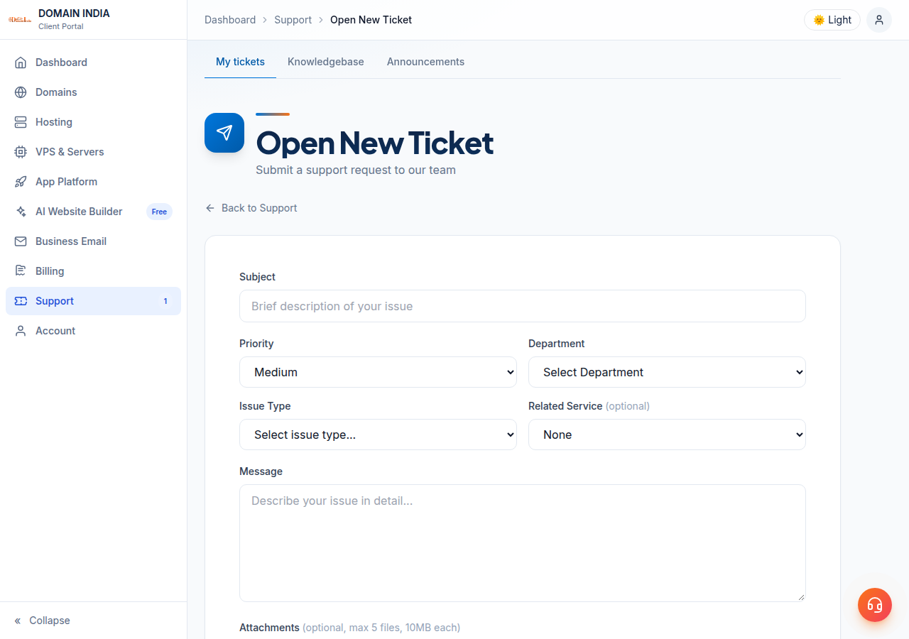 Open New Ticket form in the client area with Subject, Priority, Department, Issue Type, Related Service, Message and Attachments