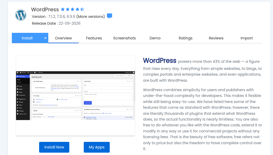 Softaculous WordPress page opened from cPanel, showing the available WordPress versions, an Install tab and Install Now and My Apps buttons