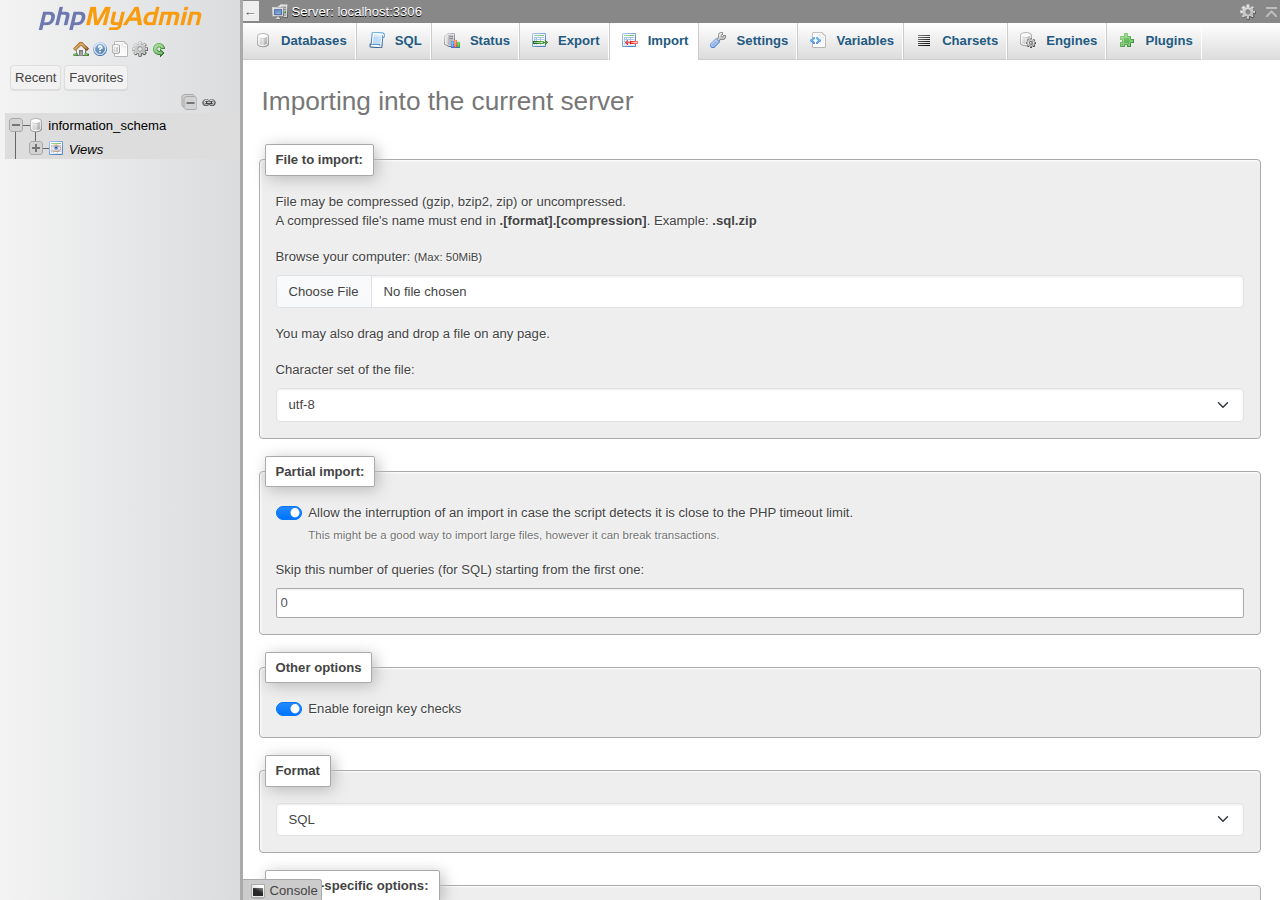 phpMyAdmin Import tab with a Choose File button, the 50 MiB maximum, character set, partial import and format options