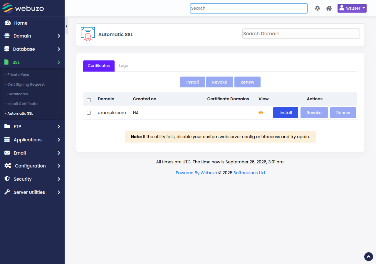 Webuzo Automatic SSL page, Certificates tab, listing example.com with Install, Revoke and Renew buttons