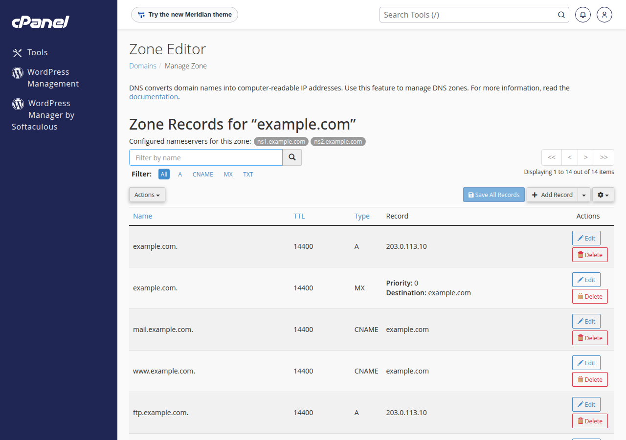 cPanel Zone Editor Manage Zone view for example.com listing A, MX and CNAME records, with record filters and an Add Record button
