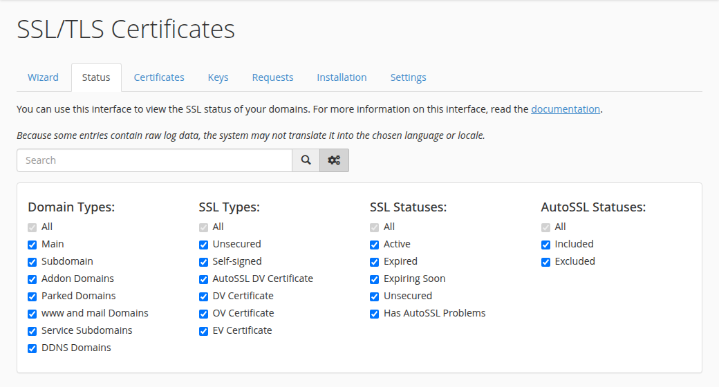 cPanel SSL/TLS Certificates Status tab with the filter panel open: Domain Types, SSL Types, SSL Statuses including Has AutoSSL Problems, and AutoSSL Statuses Included and Excluded