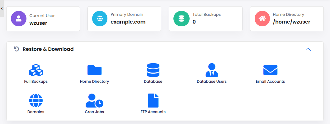 Webuzo Backups and Restore page (Backuply) showing Total Backups 0 and a Restore and Download section with Full Backups, Home Directory, Database and other icons