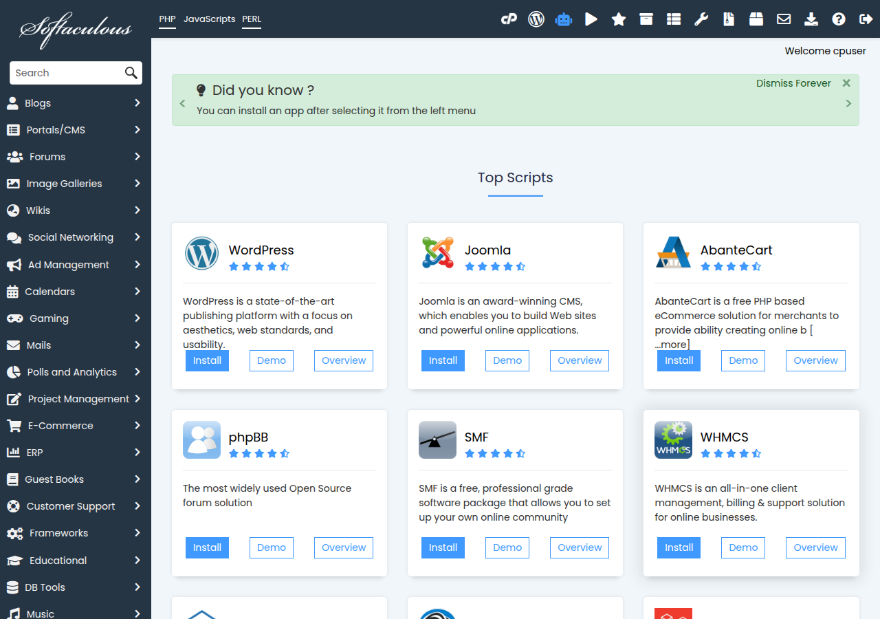 Softaculous home in cPanel with the category menu on the left and Top Scripts cards, each with Install, Demo and Overview buttons