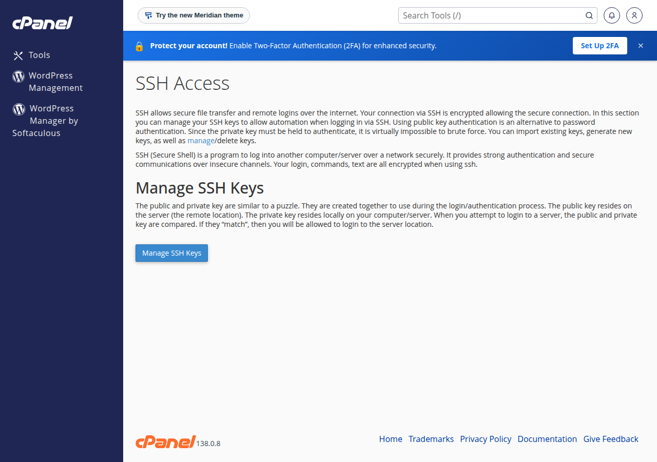 cPanel SSH Access page explaining SSH and key-based login, with a Manage SSH Keys button