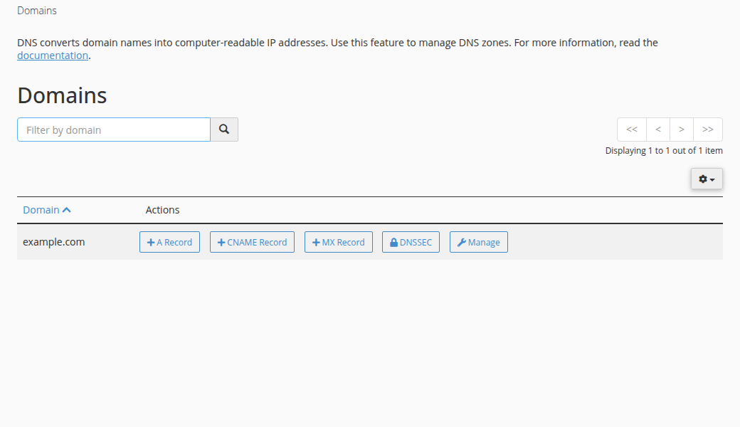cPanel Zone Editor listing example.com with buttons for A Record, CNAME Record, MX Record, DNSSEC and Manage