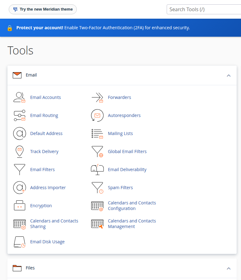 cPanel Tools page, Email section: Email Accounts, Forwarders, Email Routing, Autoresponders, Default Address, Mailing Lists, Spam Filters and more, with Files below