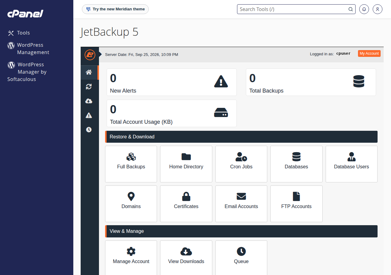 JetBackup 5 in cPanel: Restore and Download tiles such as Full Backups, Home Directory, Databases and Email Accounts, plus View Downloads and Queue