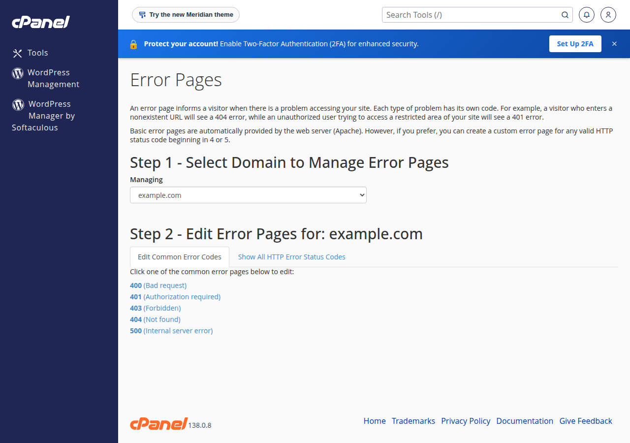 cPanel Error Pages page: select a domain, then edit common error codes 400, 401, 403, 404 and 500