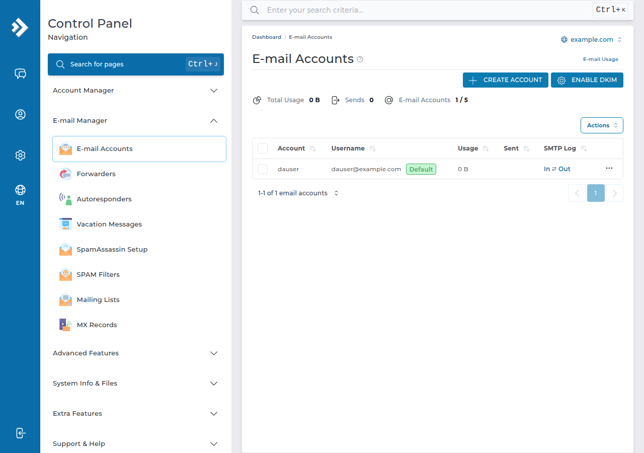 DirectAdmin E-mail Accounts page under E-mail Manager, with CREATE ACCOUNT and ENABLE DKIM buttons and a list of mailboxes showing account, username, usage, sent and SMTP log
