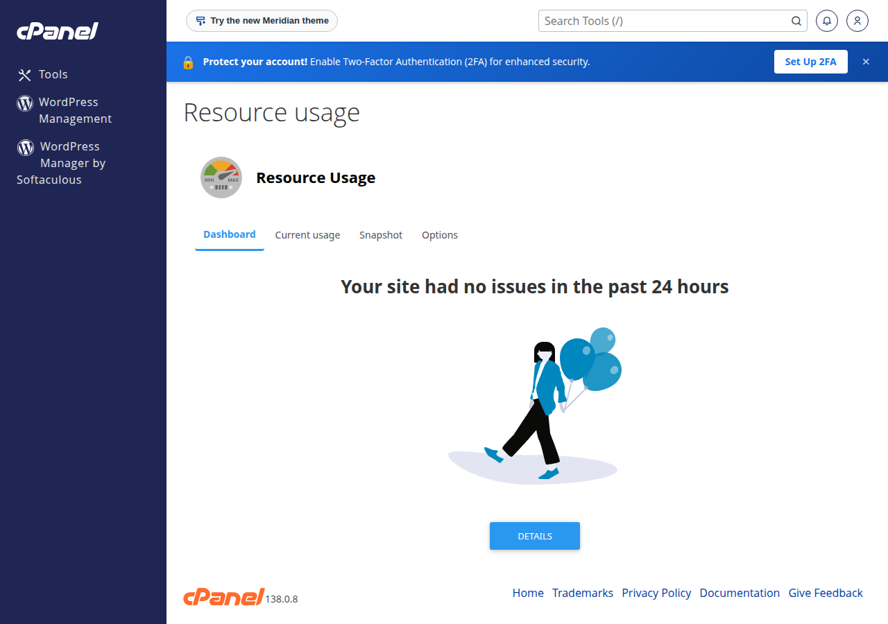 cPanel Resource Usage dashboard with Dashboard, Current usage, Snapshot and Options tabs, reporting no issues in the past 24 hours