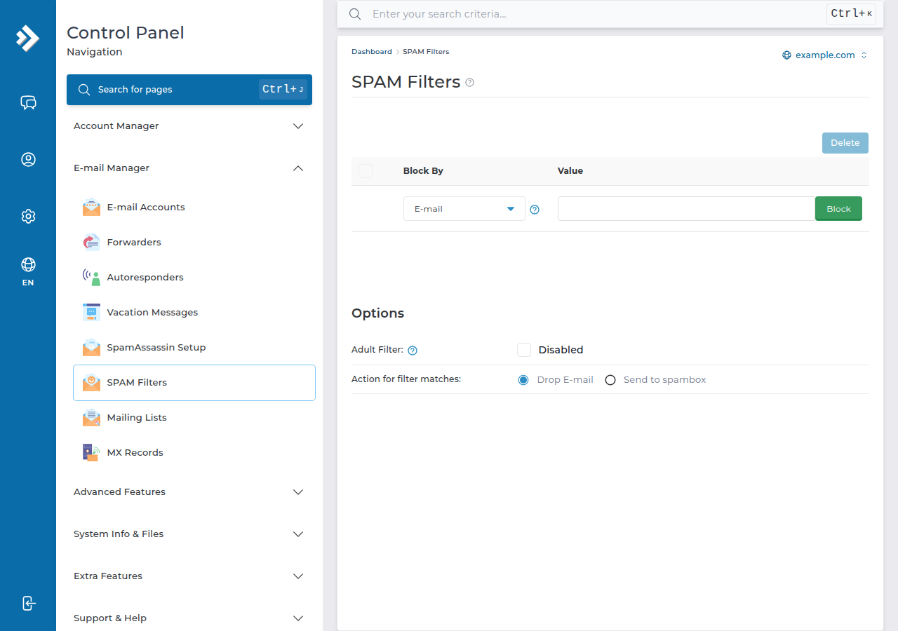 DirectAdmin SPAM Filters page with a Block By E-mail field and Block button, an Adult Filter checkbox and the action for filter matches