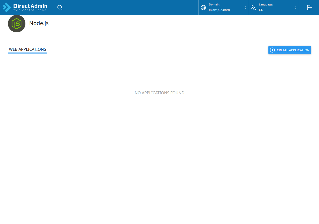 DirectAdmin Node.js page with the Web Applications tab, a Create Application button and no applications yet