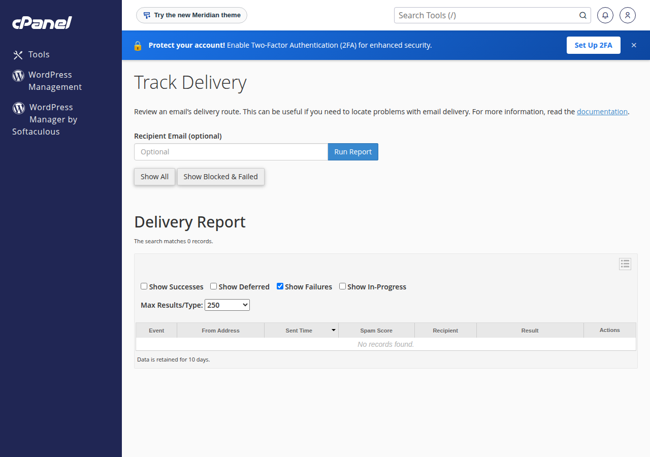 cPanel Track Delivery page with a Recipient Email search, Run Report button and an empty Delivery Report table