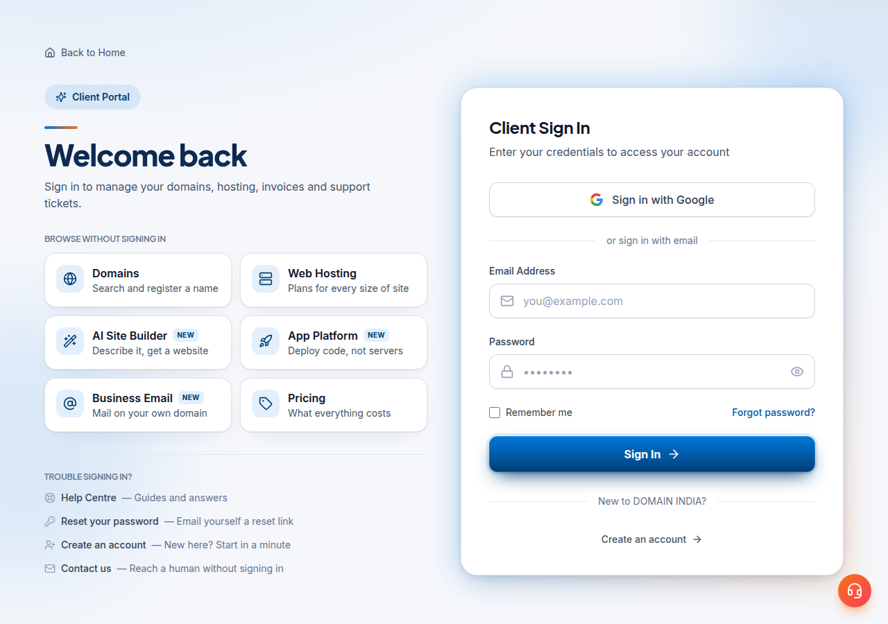 Domain India Client Sign In page with Sign in with Google, email and password fields, Remember me, Forgot password link and Sign In button