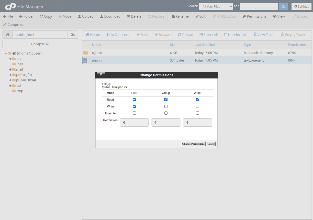 cPanel File Manager Change Permissions dialog for public_html/php.ini, with Read, Write and Execute boxes for User, Group and World set to 644
