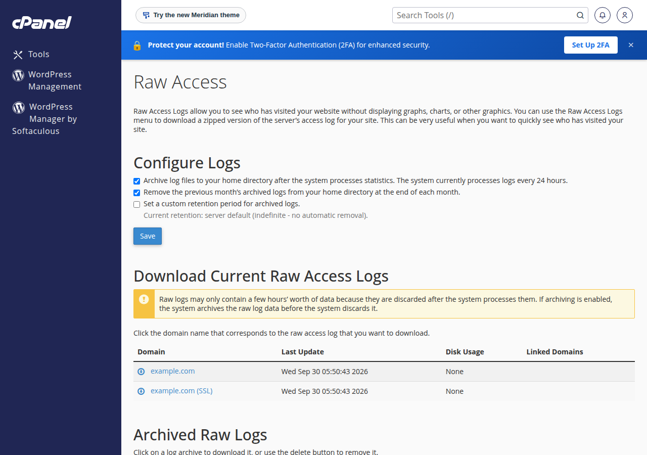 cPanel Raw Access page with Configure Logs options, a Save button, and Download Current Raw Access Logs links for example.com and example.com (SSL)