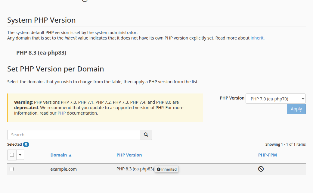 cPanel MultiPHP Manager: System PHP Version PHP 8.3, a Set PHP Version per Domain table with a PHP Version list and Apply button, and a PHP-FPM column for each domain