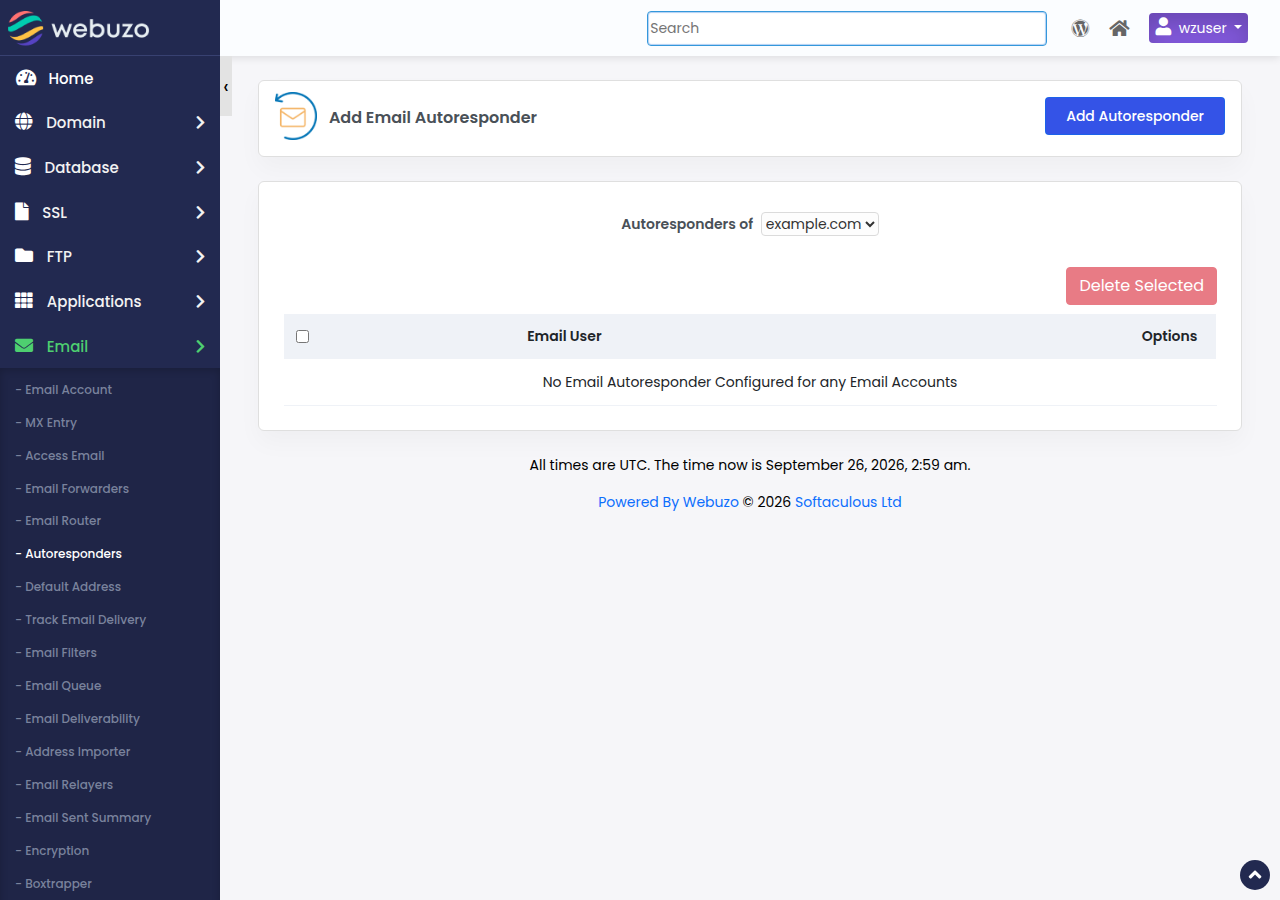 Webuzo Add Email Autoresponder page with the Add Autoresponder button and the autoresponder list for example.com