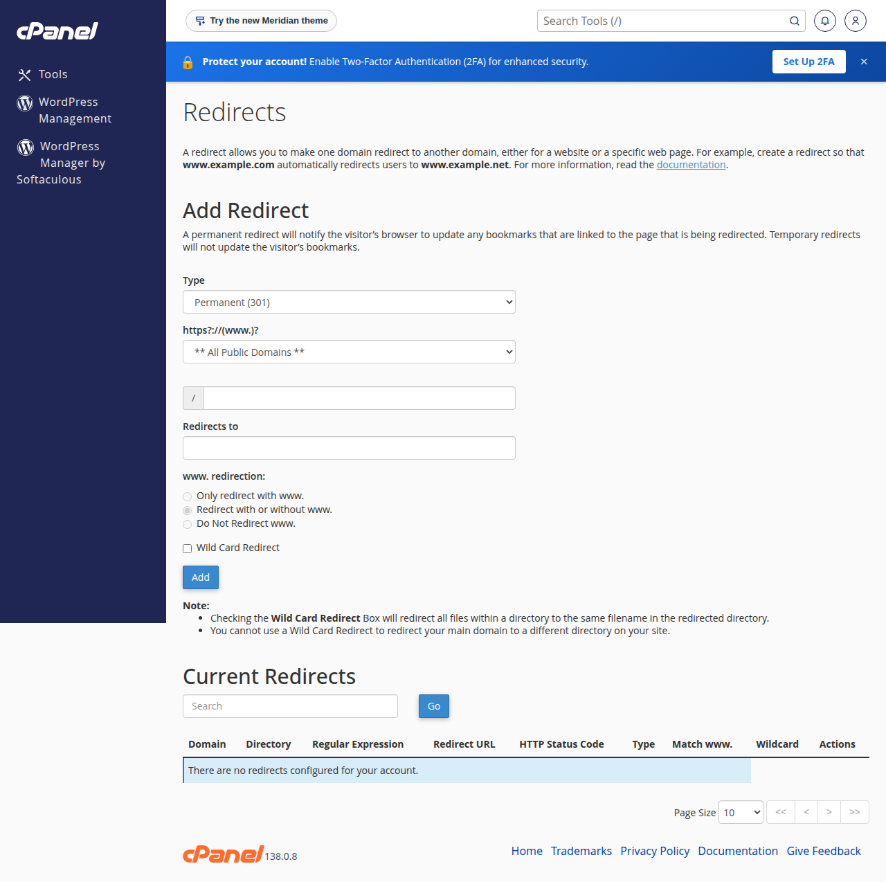 cPanel Redirects page with the Add Redirect form: type Permanent (301), domain, path, Redirects to, www. redirection options and Wild Card Redirect