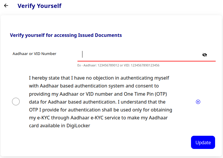DigiLocker Verify Yourself page with an Aadhaar or VID Number field, a consent statement with a tick circle, and an Update button