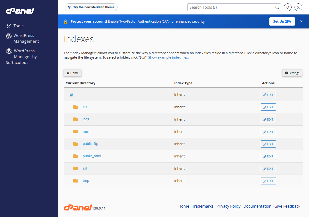 cPanel Indexes page listing home-directory folders such as etc, logs, mail, public_html and ssl, each with Index Type Inherit and an Edit button