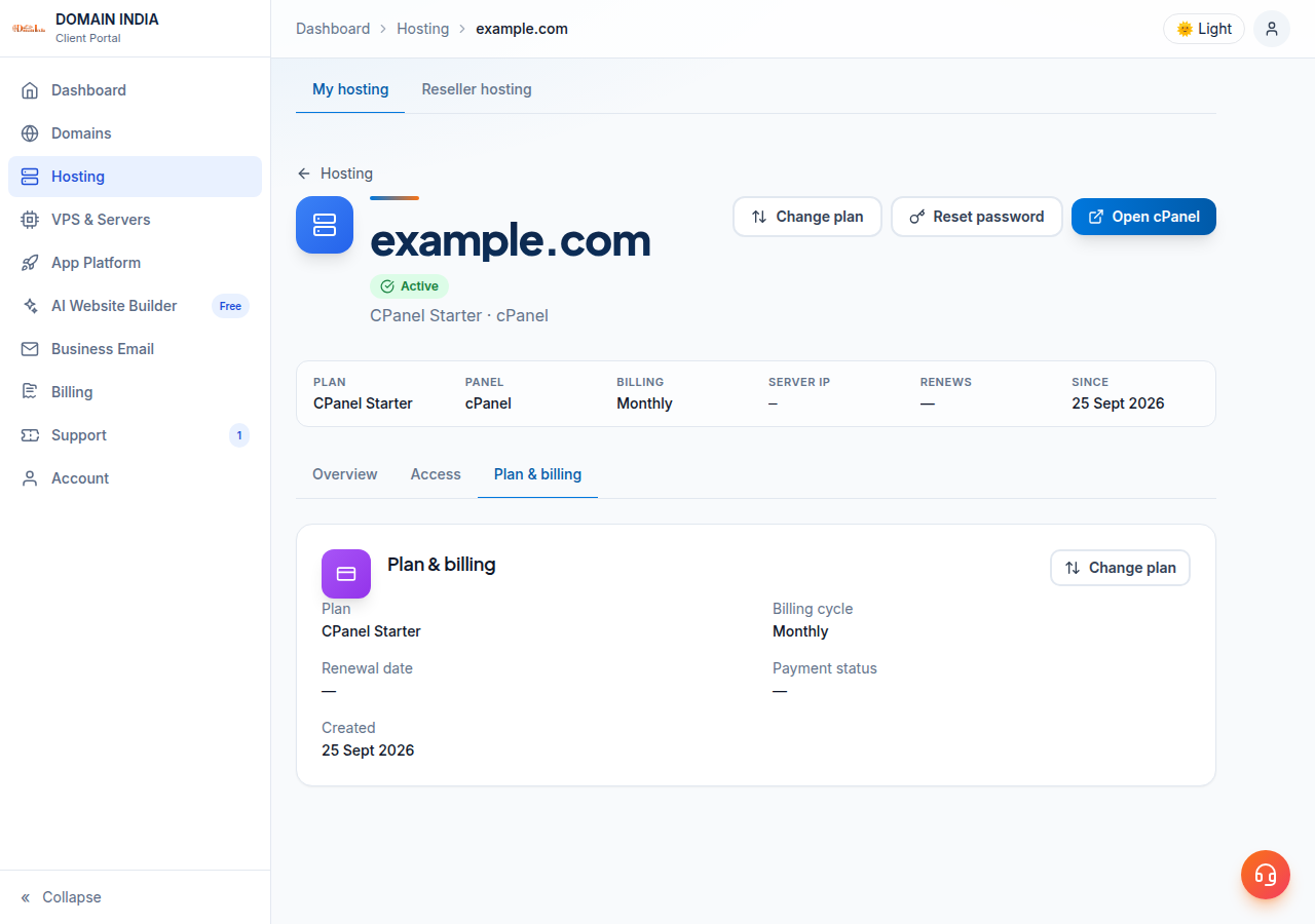 Hosting service page, Plan & billing tab: plan, billing cycle, renewal date and a Change plan button, with Change plan also at the top of the page