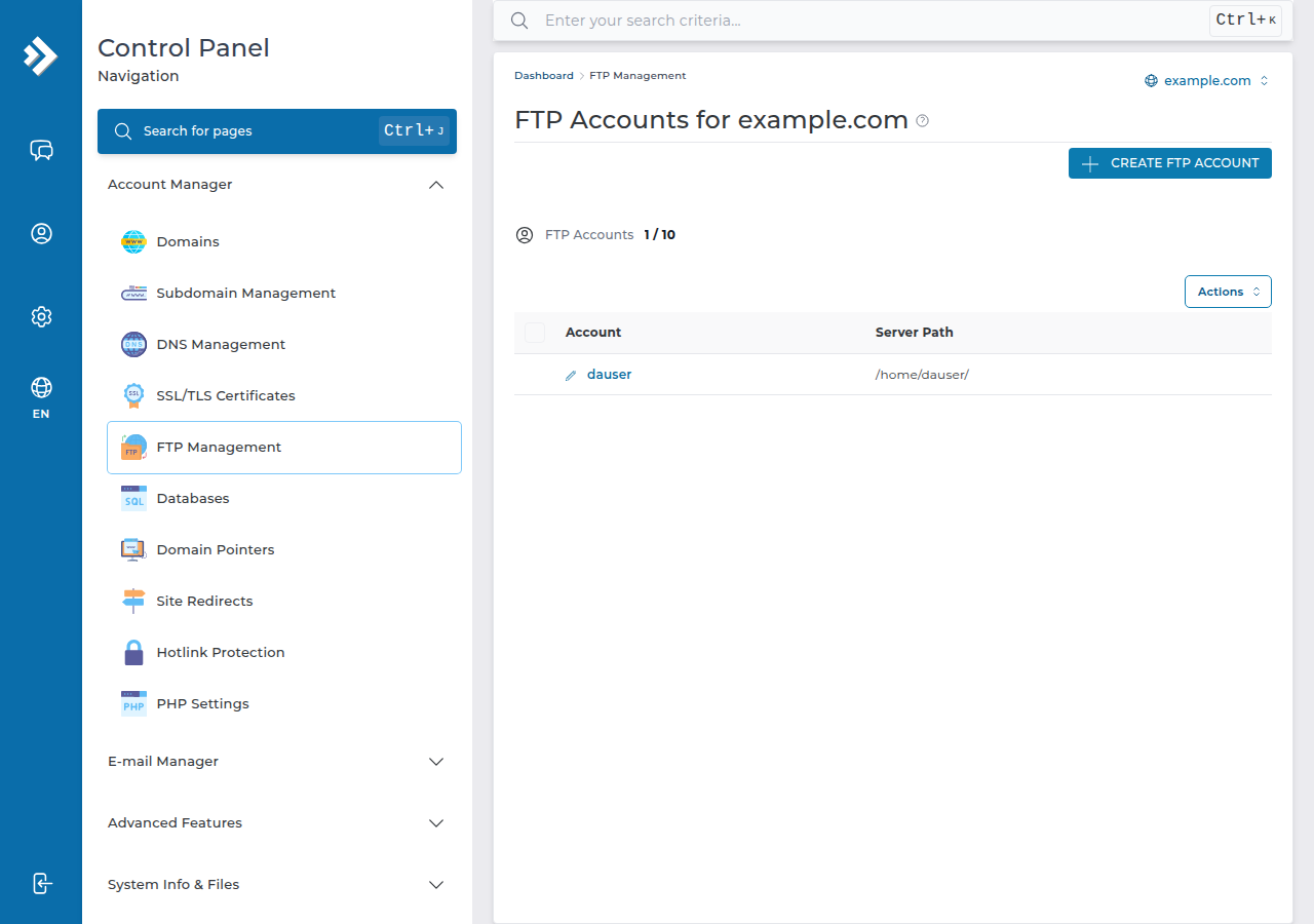 DirectAdmin FTP Accounts page for example.com with the Create FTP Account button and the main dauser account listed
