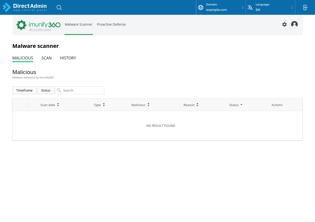 Imunify360 Malware Scanner inside DirectAdmin with Malicious, Scan and History tabs and no malicious files found