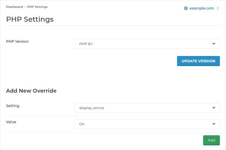 DirectAdmin PHP Settings page: PHP Version dropdown with Update Version button, and an Add New Override form with a Setting dropdown, a Value field and an Add button