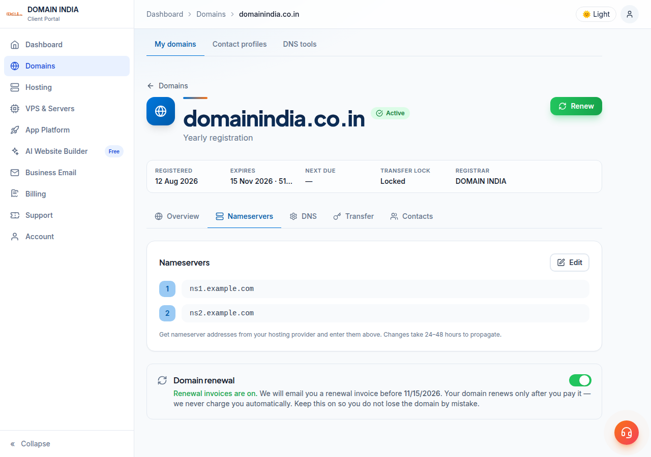 Domain page on the Nameservers tab: tabs Overview, Nameservers, DNS, Transfer and Contacts; nameservers ns1 and ns2.example.com with Edit; a Domain renewal switch below