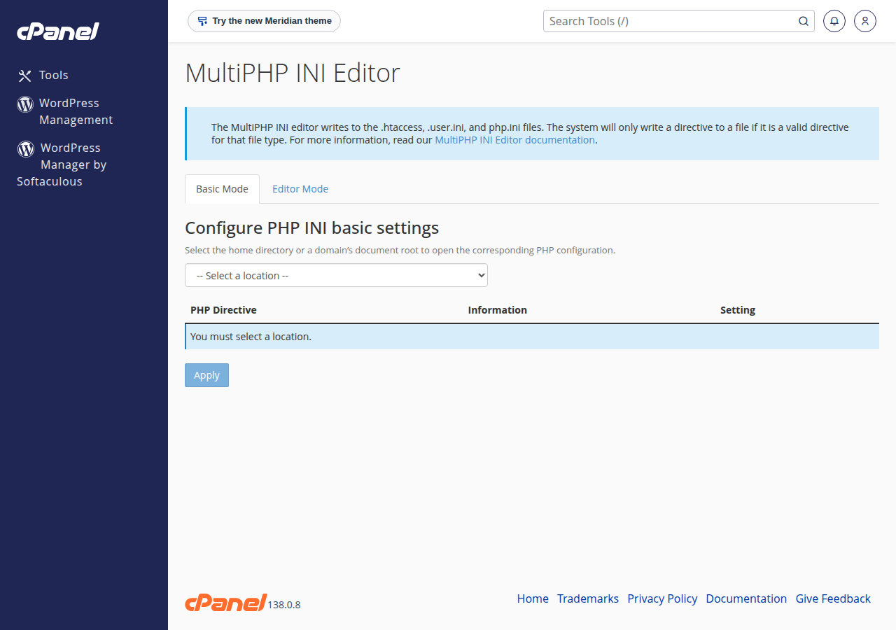cPanel MultiPHP INI Editor with Basic Mode and Editor Mode tabs and a drop-down to select the home directory or a domain