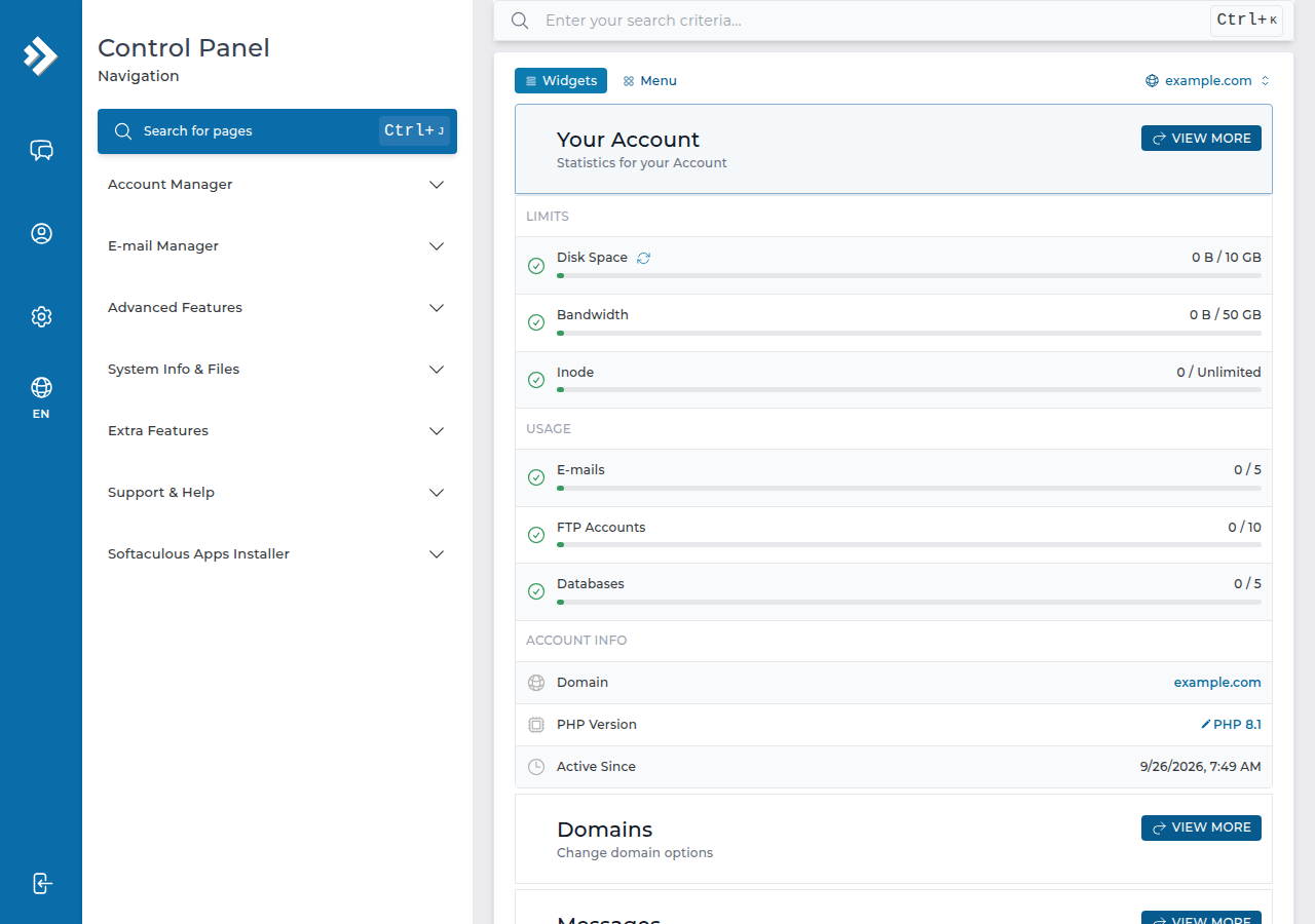 DirectAdmin Evolution dashboard with the left navigation menu and the Your Account panel showing disk, bandwidth, email, FTP and database usage