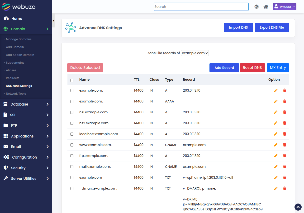 Webuzo Advance DNS Settings page listing the zone records for example.com, including SPF and DMARC TXT records, with Add Record