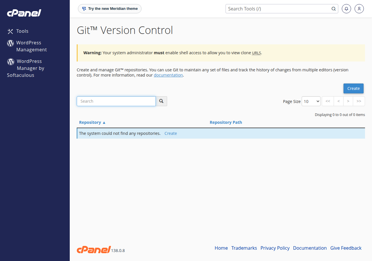 cPanel Git Version Control page with a Create button, an empty repository list and a note that shell access is needed to view clone URLs