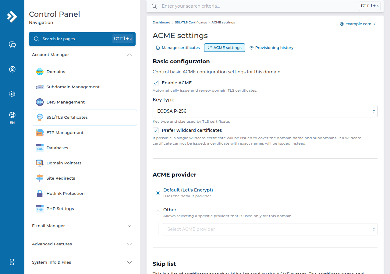 DirectAdmin ACME settings tab: Enable ACME ticked, Key type ECDSA P-256, Prefer wildcard certificates ticked, and ACME provider set to Default (Let's Encrypt)