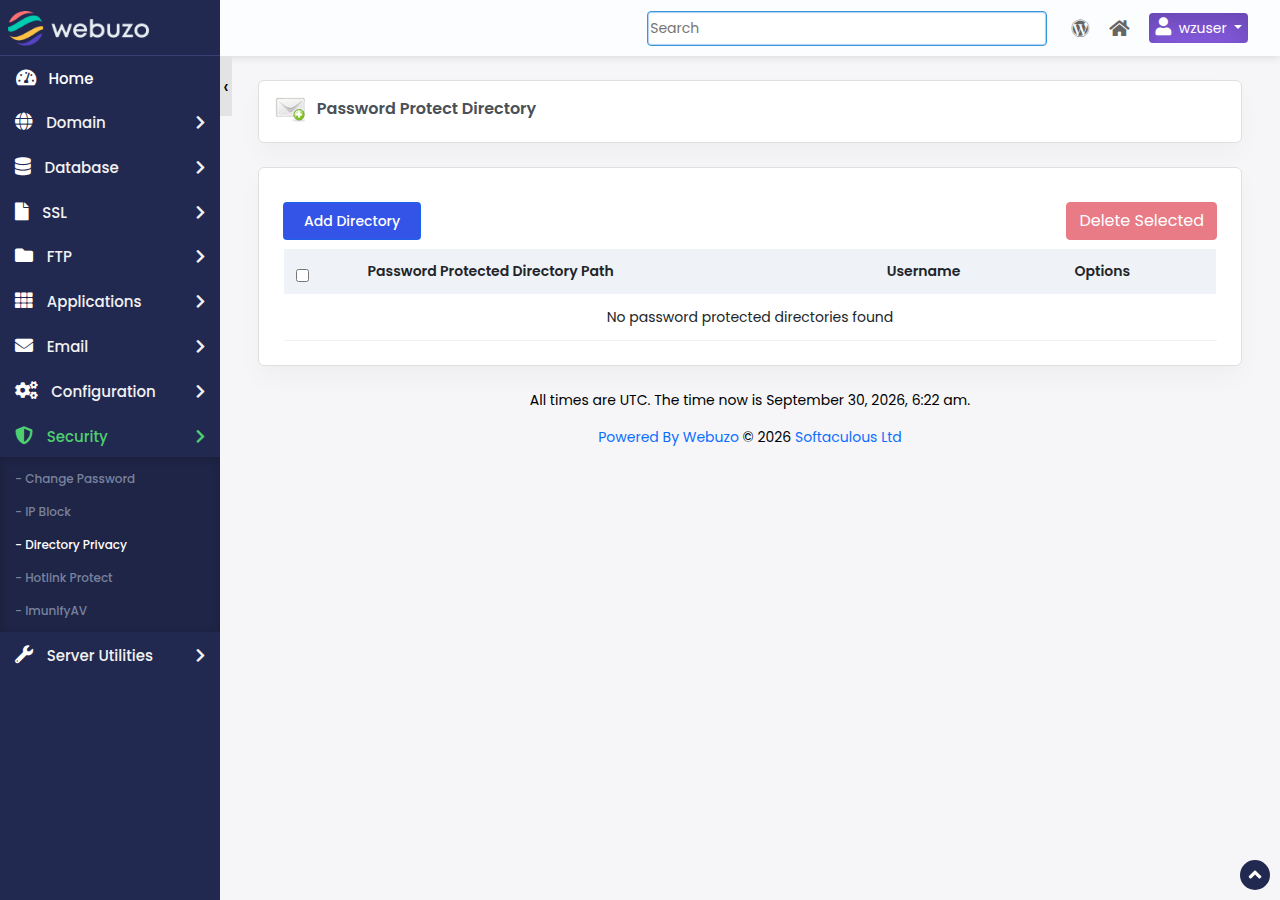 Webuzo Password Protect Directory page with an Add Directory button and an empty list, opened from Security, Directory Privacy